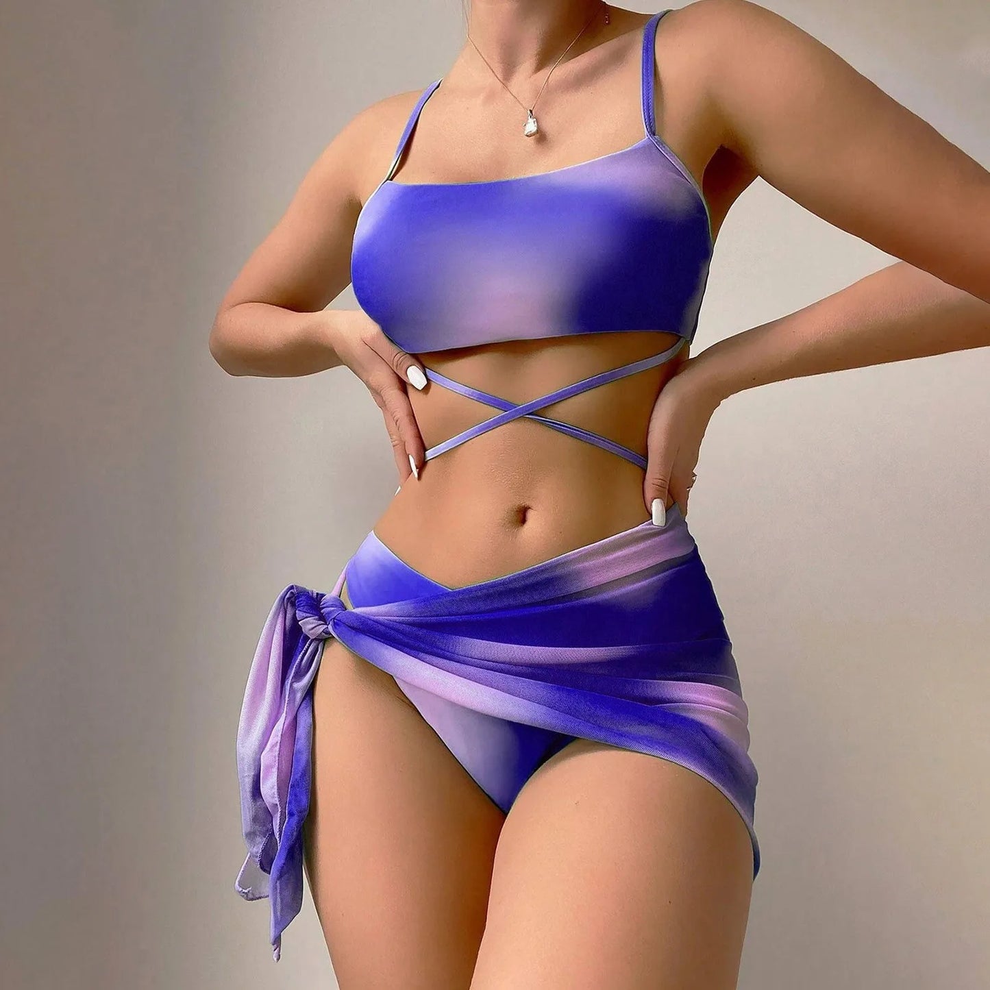 2024 new tie-dye Lace up Split Swimsuit Beach Bikinis Set Sexy Backless top Hipster Bottom and Cover Up dress 3 Pieces Swimsuit