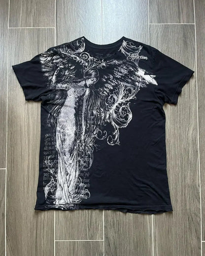 2025 New pure cotton American retro skull print T-shirt with round neck and short sleeve women summer European and American tops