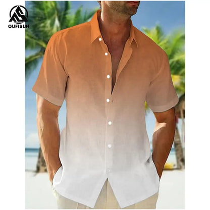2024 Casual Men's Shirts Summer Clothing Gradient Graphics Apparel Vacation Seaside Oversized Short Sleeve Tops For Male