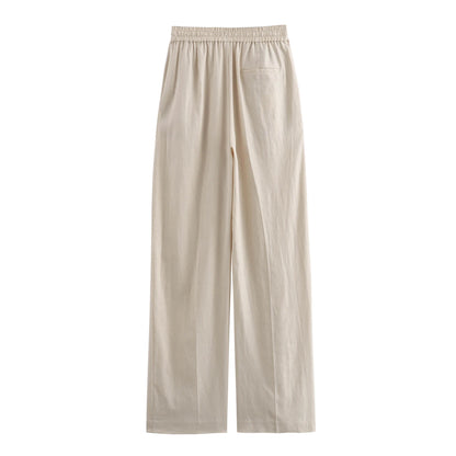 TRAF Women Fashion Spring Summer Lace-up Linen Blended Straight Pants Pocket Office Lady Chic High Waist Trousers Mujer