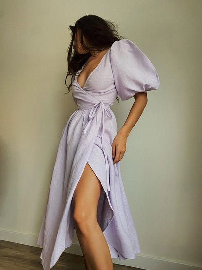 Bornladies 100% Cotton V-neck Waist Cinched Dress Unique Lantern Sleeve Sexy Slit Long Skirt Fashionable Women's Casual Dresses
