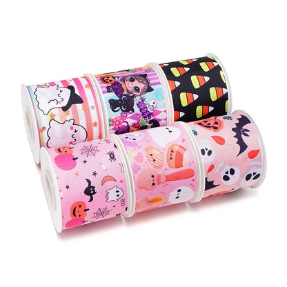 5 Yards Halloween Pumpkin Skeleton Stripe RIP Grosgrain/Satin Ribbon Printed Ribbon For Crafts Decoration Bow 82636