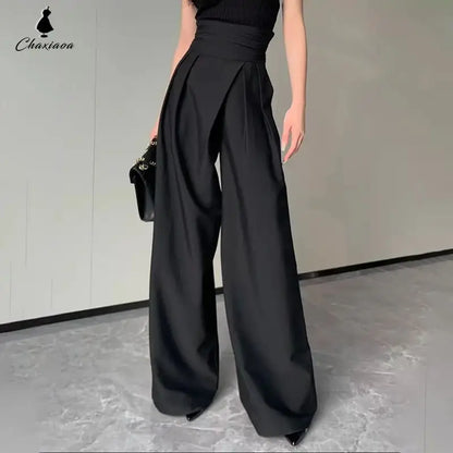 2024 Black Design Wide-Leg Pants Women's Slimming Suit Pant Magic High Waist Loose Straight Drooping Mopping Casual Trousers