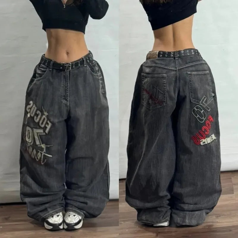 Streetwear Fashion New Letters Embroidered Washed Baggy Jeans Women Y2K Harajuku Gothic Hiphop Popular High Waist Wide Leg Pants