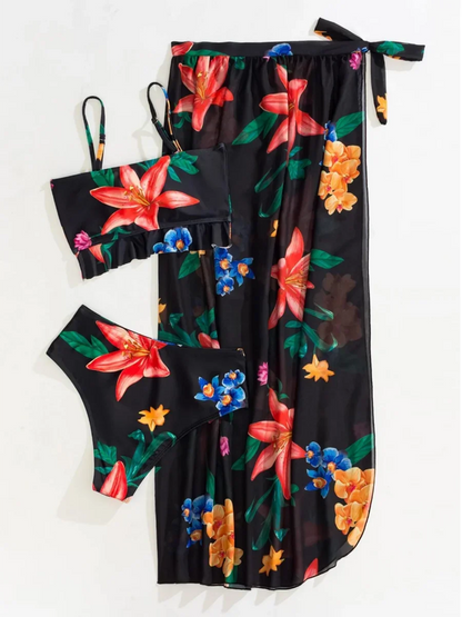3 Pieces High Waist Swimsuit With Beach Skirt Floral Print Knot Front Bikinis 2025 Women Ruffle Swimwear Female Bathing Suit