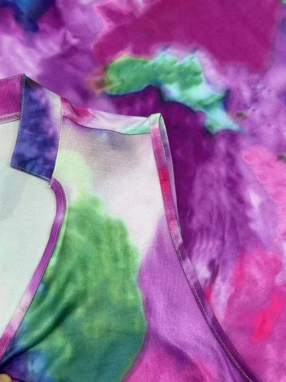 2024 Plus Size Tie Dye Print Two-piece Set V Neck Sleeveless Top & Shorts Outfits Women's Plus Size Clothing