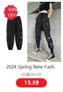 Streetwear Spring Summer Cargo Pants Women Harajuku Slim Punk Ribbons Joggers Elastic Waist Ankle-Length Trousers For Girls