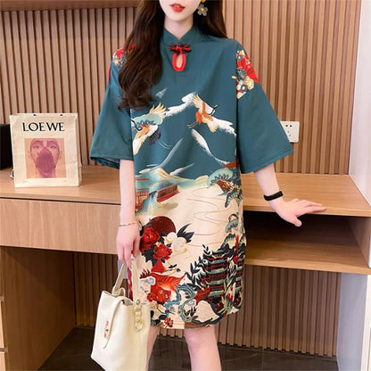 Summer Chinese Style Vintage Printing T-shirt Mini Dress Ladies Short Sleeve Loose Casual A-line Robe Women Stand Collar Vestido