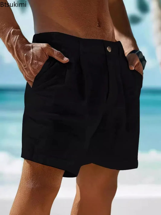 2025 Summer Cotton Linen Shorts for Men Solid Casual Button Pocket Beach Shorts Men's Comfortable Simple Vacation Leiture Pants