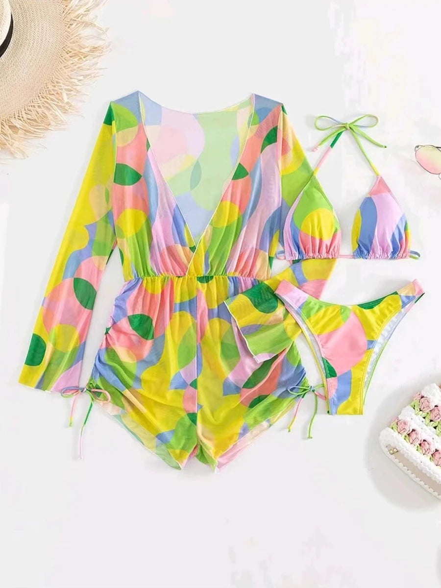 3 Pieces Triangle Halter String Bikini Long Sleeve Swimsuit Women Swimwear Female Bathers Bathing Swimming Swim Suit