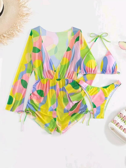 3 Pieces Triangle Halter String Bikini Long Sleeve Swimsuit Women Swimwear Female Bathers Bathing Swimming Swim Suit