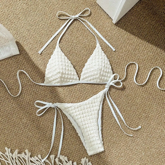 2025 Swimsuit New Pure White Sexy Bikini Fashion Small Fresh Bikini Women's Split Swimsuit With Halterneck