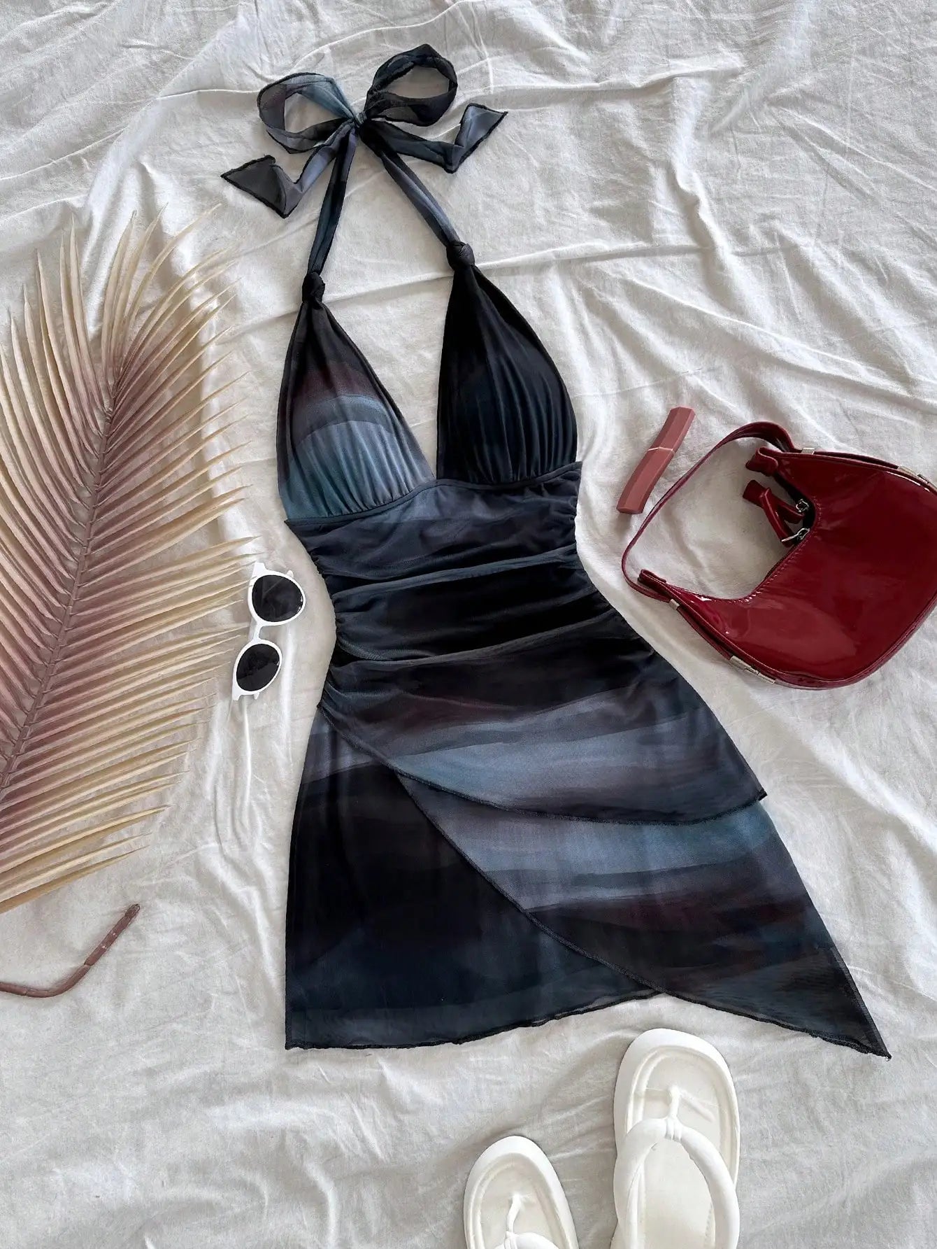 2025 Europe and the United States Fashion Gauze Printed Neck Sleeveless Sexy Tight Deep V Short Sexy Pure Backless Dress