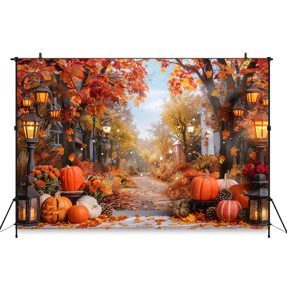 Autumn Photography Background Pumpkin Maple Leaves Street Light Backdrop Decor Family Kid Thanksgiving Day Birthday Photo Studio