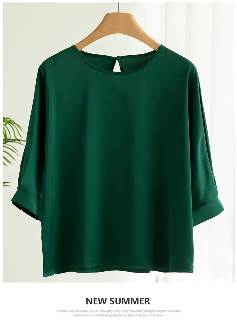 2025 New In Summer Satin Silk Half-Sleeve Tee Tops Basic Solid Women‘s T-Shirt Casual O-neck Thin Shirts Ladies Loose Blouses