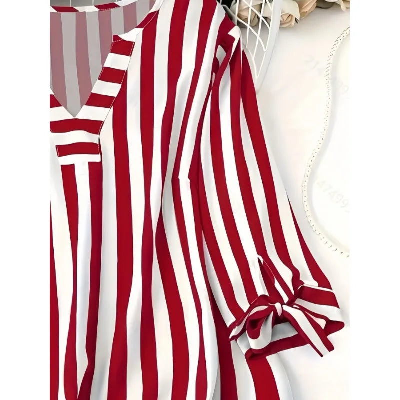 Spring Plaid T-shirt V-neck Jumper Light Breathable European and American Style Beach Travel Clothes