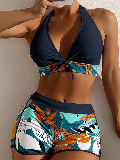 2Pcs/Set Bikinis Set Bowknot Decor Floral Print Bikini Backless Halter Bra High Waist Beachwear Female Beach Clothing