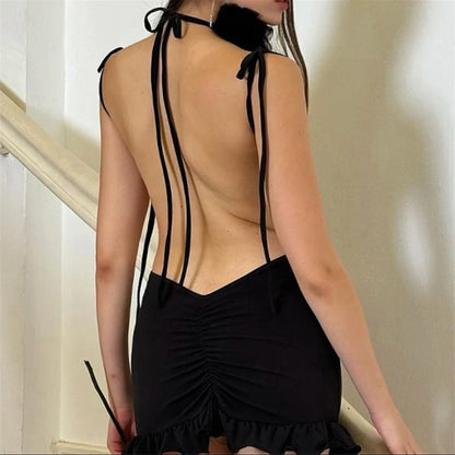 2024 European and American new dress with summer high-end feel Y2K sexy backless lace up spicy girl's hip hugging skirt