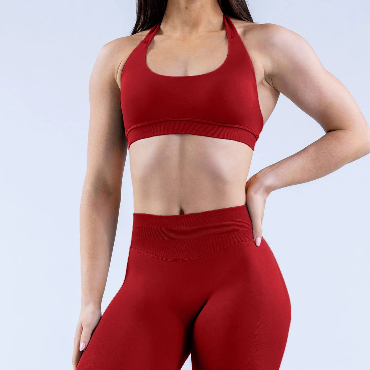 D LOGO Sports Bra Women Seamless Halter Neck Strap Bra with Logo Padded Open Back Yoga Top Bra Medium Support Gym Crop Top