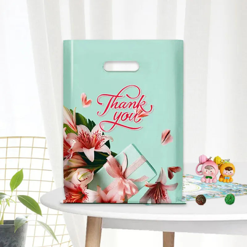 Thank You Flower Gift Bags For Small Business Plastic Shopping Bag Wedding Birthday Present Package Storage With Handle 10PCS