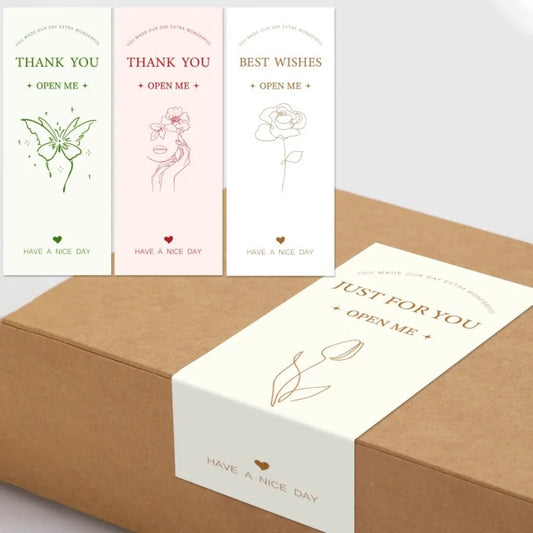 50pcs New Rectangular Thank You Sticker 6x15cm Handmade Gift Box Package Decor Flowers Pattern Stickers for Birthday Wedding