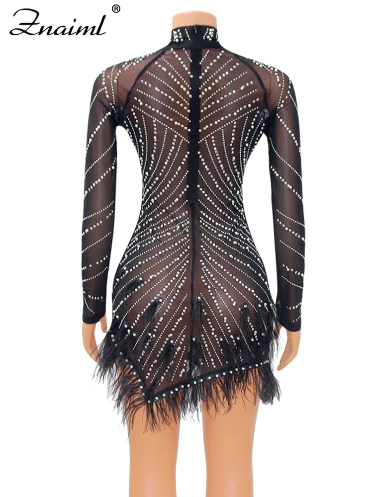 Znaiml Luxury 2023 Evening Celebrity Feathers Sheer Mesh Short Dresses for Women Sexy Pearls Rhinestones Party Birthday Vestidos