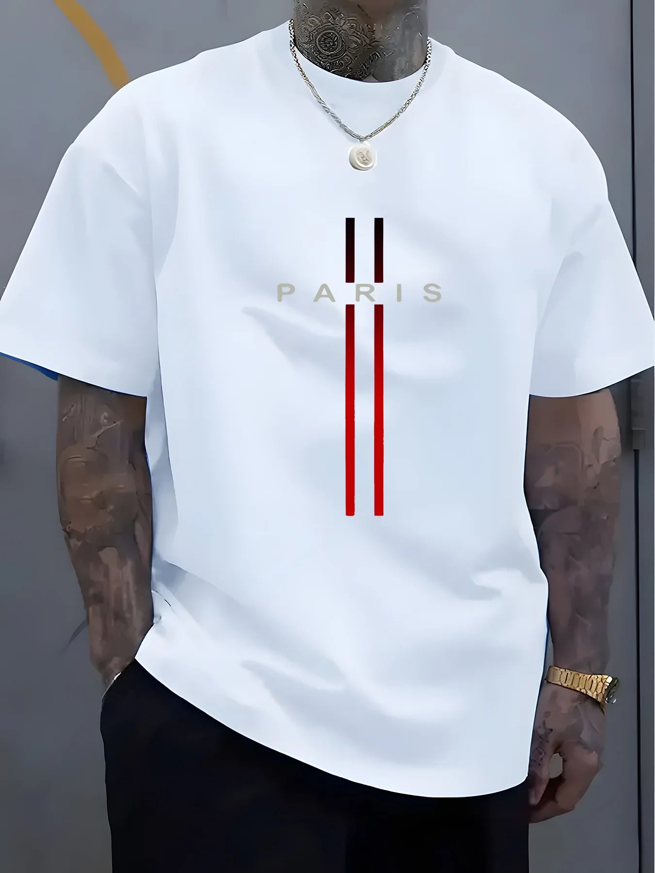 Summer men's 100% pure cotton casual loose fit plus size PARIS letter pattern printed round neck short sleeved T-shirt top