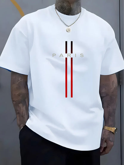 Summer men's 100% pure cotton casual loose fit plus size PARIS letter pattern printed round neck short sleeved T-shirt top