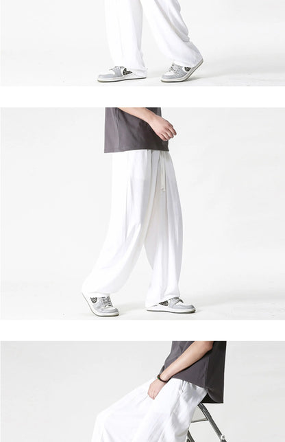 Summer Wide Leg Pants Men's Cotton Linen Harun Loose Pants Men Casual Elastic Waist Circumference Lantern Trousers Plus Size 5XL