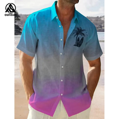 2024 Casual Men's Shirts Summer Clothing Gradient Graphics Apparel Vacation Seaside Oversized Short Sleeve Tops For Male Shirts