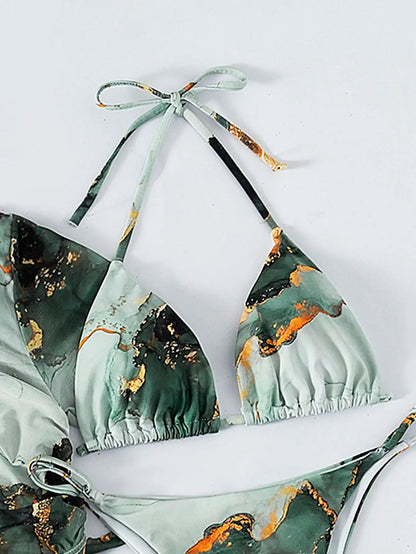 4 Pieces Halter Bikini Swimsuit With Marble Print Cover Up 2025 Swimwear Female Beachwear Bathing Swimming Suit Women Summer