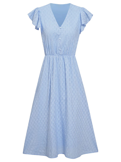 2025 New Summer Dress Women Casual Solid V-neck High Waist Fresh Wind Midi Dresses For Women Elegant Boho White Dress Vestidos