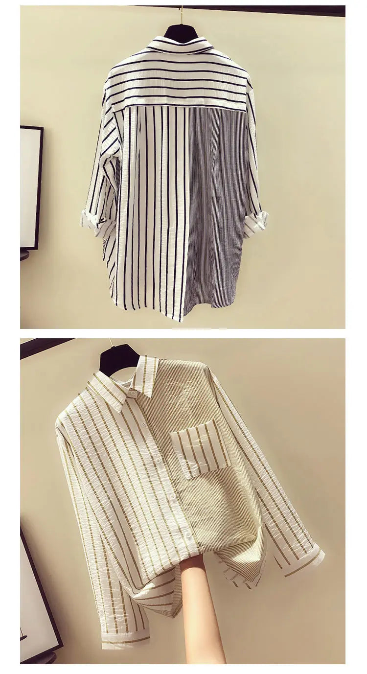 2025 Korean Summer Thin Trendy Striped Women's Shirt & Blouses Patchwork Pocket Loose Casual Office Lady Shirt Sweet Women's Top