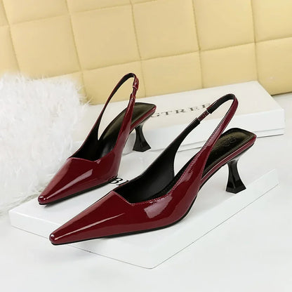 Women 6cm High Heels Retro Streetwear Catwalk Sandles Lady Daily Work Slingback Strap Elastic Mid Heels Glossy Leather Sandals