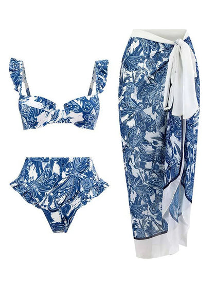 3 Pieces Push Up Bikini 2025 High Waist Swimsuit & Skirt Sexy Ruffle Swimwear Women Bathing Swimming Swim Suit Female Beachwear