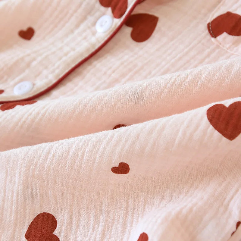 2025 New Spring and Autumn Women's Pajama Set 100% Cotton Crepe Long Sleeve Long Pants Two Piece Set Love Sweet Home Clothes