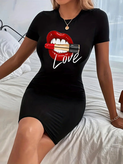 Women's plus size summer red lip LOVE print Tops tee O-neck Short Sleeve  short sleeved round neck slim fit casual T-shirt dress