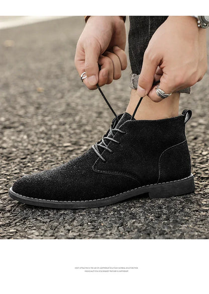 British Style Brown Men’s Suede Leather Boots Comfort Chelsea Boots Men Lace-Up Pointed Ankle Boots For Men botas para hombre