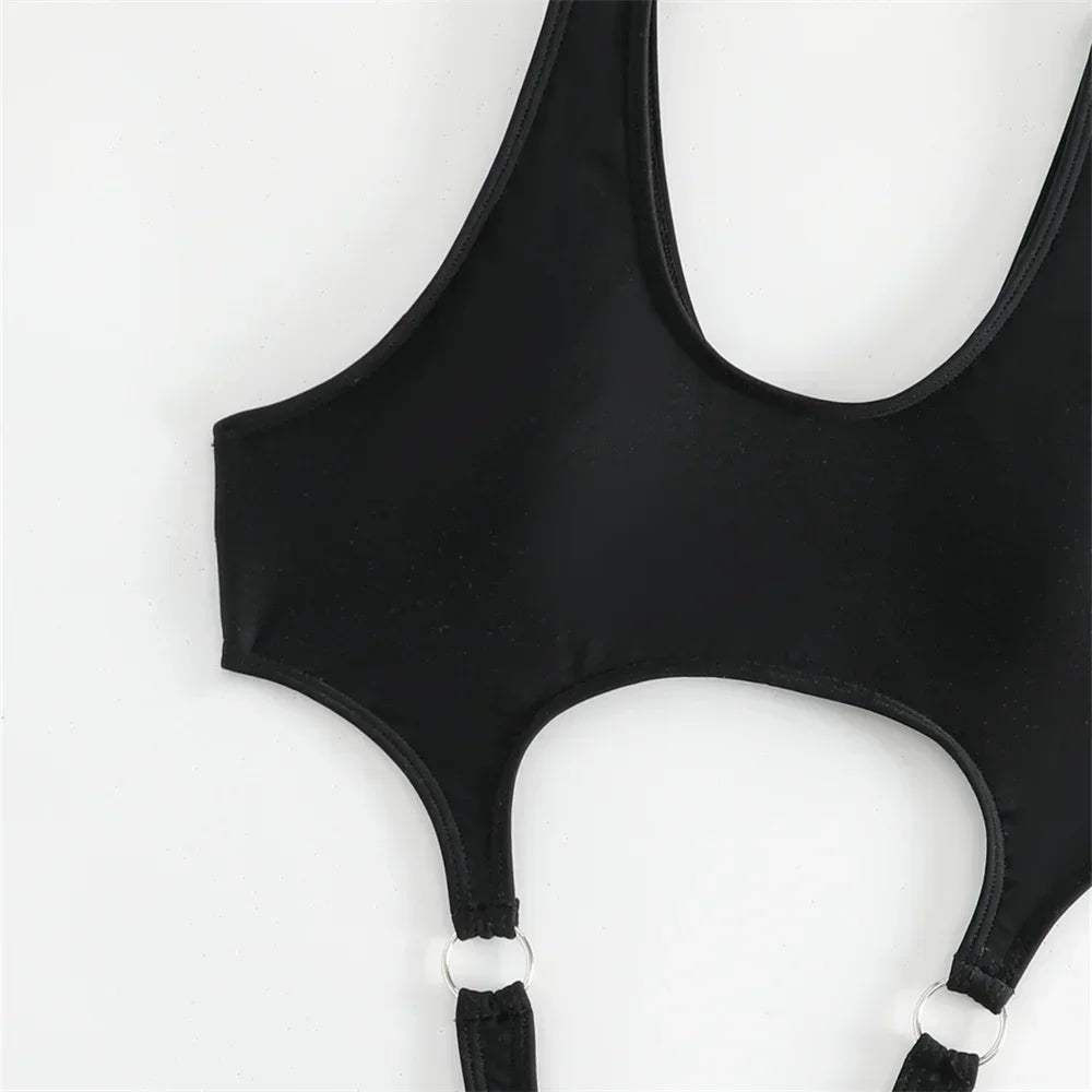 Black Punk Bikini Rings Sexy Bandage Luxury Swimsuit Cut Out Micro Bikinis Extrem Push Up Monokini Women Goth Swimwear Beach Set
