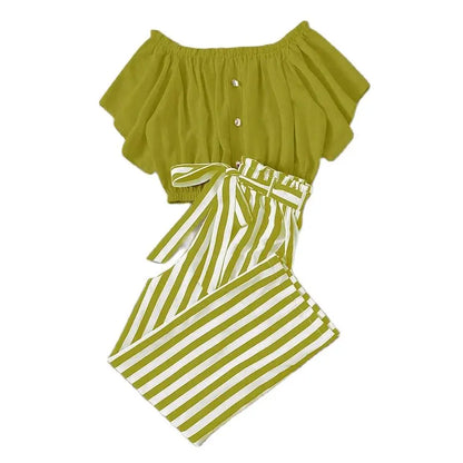 2024 New Summer Plus Size Women's Two-Piece Set Striped Printed Two-Piece Short Sleeve Set