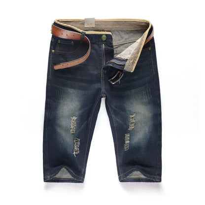 29-40 New Summer Men's Personalized Washable Perforated Denim Pants Large Casual Middle Pants