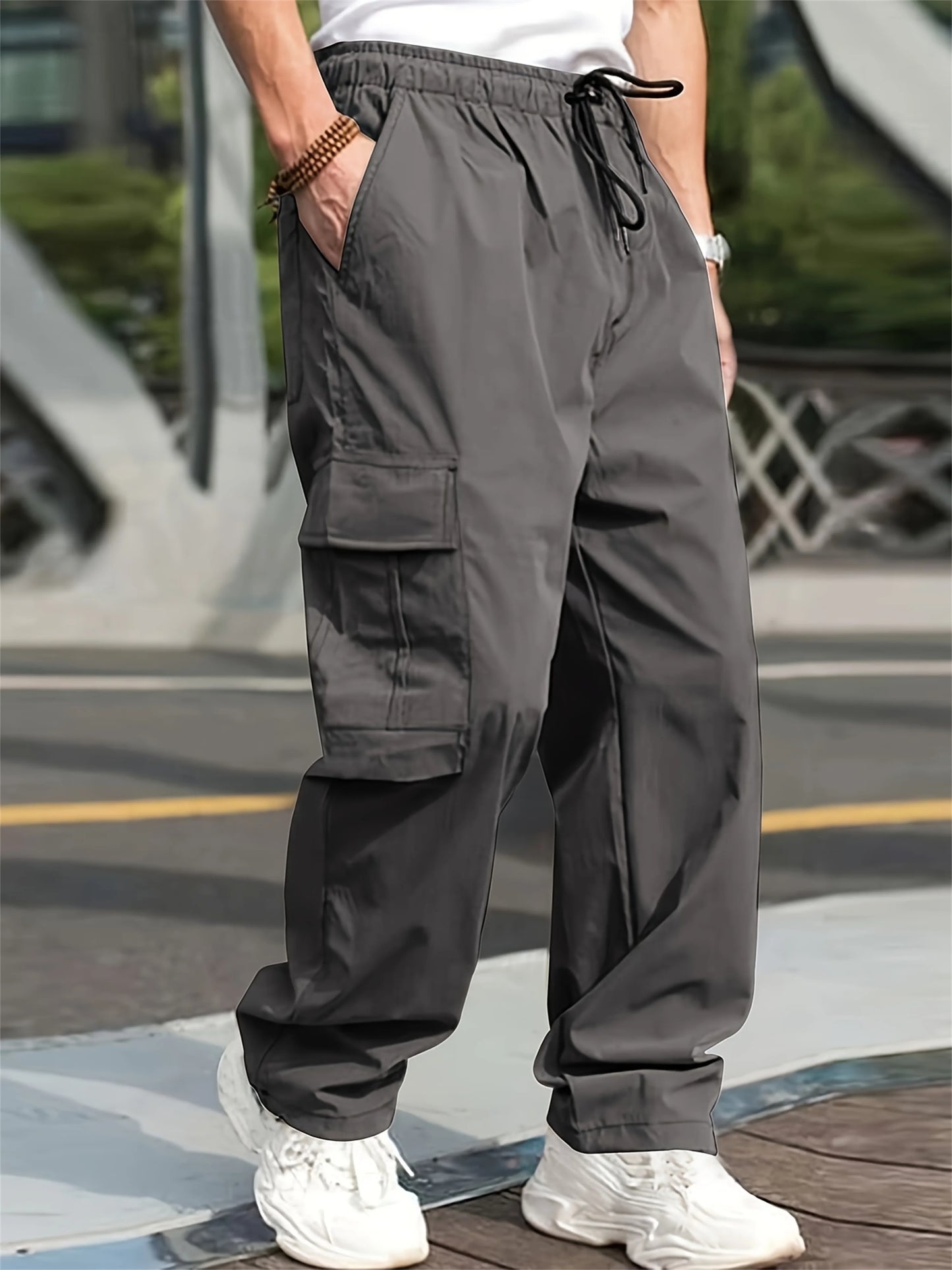 2024 Spring/Summer New Men's Fashion Casual Pants Solid Color Drawstring Multi Pocket Sports Running Straight Work Pants