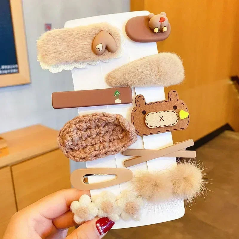 Autumn Winter 8Pcs Kids Hairclip Cartoon Bear Cute Bowknot Baby Princess Hair Accessories Newborn Cream Color Hairclips For Girl