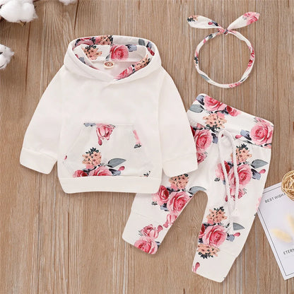 0-18 Months Newborn Baby Girl Floral Clothes Set Hooded Printed Top+Pant+Headband 3PCS Autumn&Winter Toddler Girl Fashion Outfit