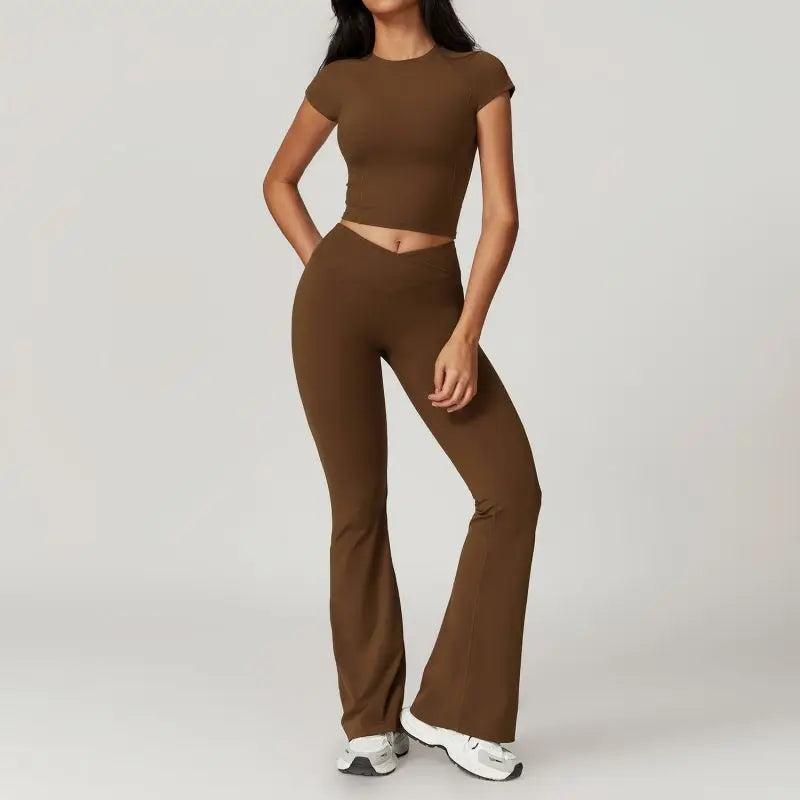 Two Piece Short Sleeve Sport Yoga Set Outfit Fitness Gym Set Workout Clothes for Women Flare Leggings Sportwear Women Tracksuit