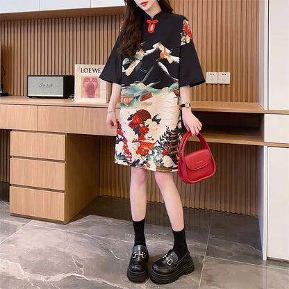 Summer Chinese Style Vintage Printing T-shirt Mini Dress Ladies Short Sleeve Loose Casual A-line Robe Women Stand Collar Vestido