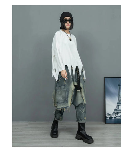 (No Belt)Women Streetwear Pants Set Plus Size White Tassels Tees +2 In 1 Cross Pants Novelty High Street Matching Wear Suit