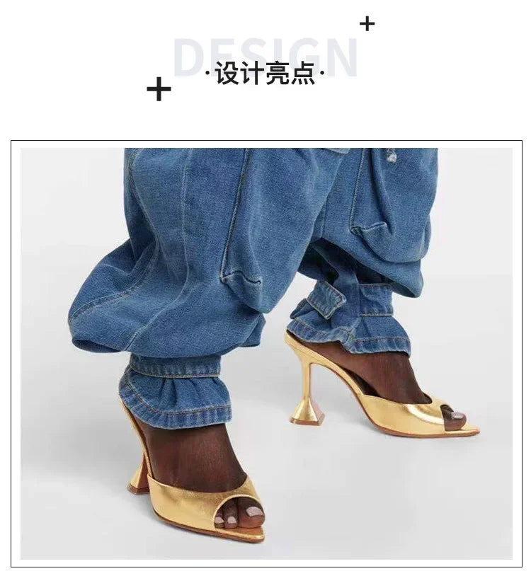 2024 New Pointed Fish Mouth Sandals, Fashionable Women's Shoes, Wine Glasses and Gold Slippers