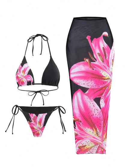 2025 New Flower Print Bikini Set Women's High Waist Long Skirt 3 Piece Swimsuit Sexy Mini Triangle Backless Thong Bathing Suit