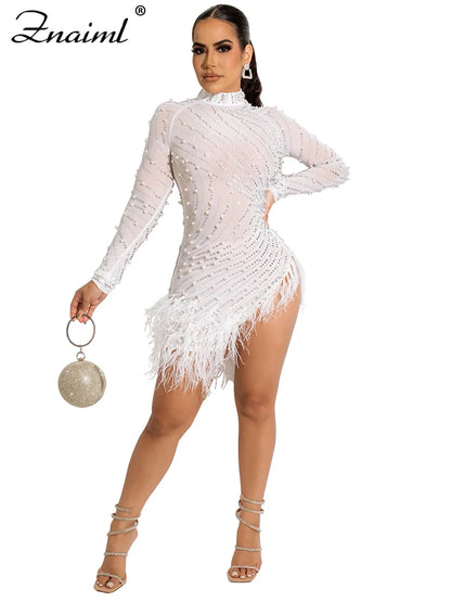 Znaiml Luxury 2023 Evening Celebrity Feathers Sheer Mesh Short Dresses for Women Sexy Pearls Rhinestones Party Birthday Vestidos